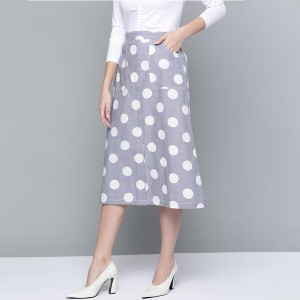 Grey & White Polka Dot Print Cotton Linen Front Slit Midi A-Line Skirt